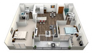Floor plan for 2 beds, 2 baths, 957 sqft